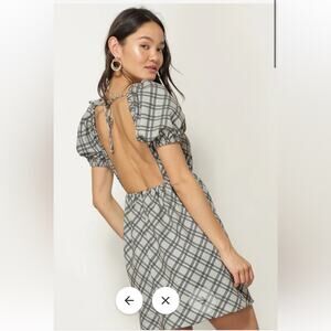 Line & Dot Lisa Olive Green Plaid Open Back Puff Sleeve Mini Dress Large